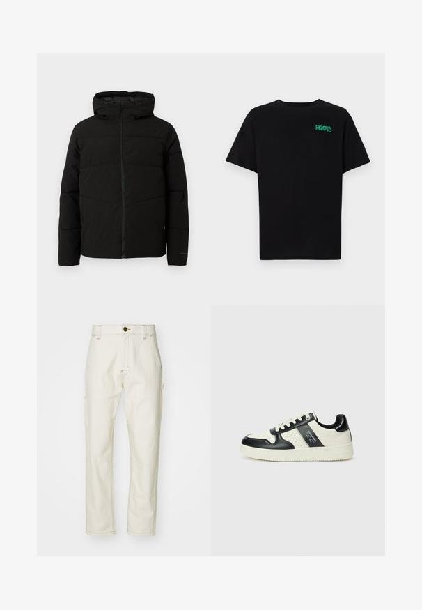 Černá vycpaná bunda s kapucí, má plný přední zip, horizontální švy a elastické manžety pro pohodlné nošení.; Černé tričko vyrobené z bavlny s krátkým rukávem. Na přední straně se nachází zelené logo "ROOTS", kulatý výstřih a standardní střih.; Béžové bavlněné cargo kalhoty s rovnou nohavicí, které mají boční kapsy, přední zapínání na knoflík a kontrastní detaily šití.; Kožené tenisky s černobílou barevnou kombinací, které mají perforované detaily, polstrovaný límec a texturovanou podrážku.