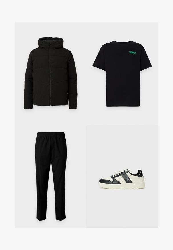 Black padded jacket with a hood, featuring a full front zipper, horizontal stitching, and elastic cuffs for a snug fit.; Black t-shirt made of cotton with short sleeves. Features a green "ROOTS" logo on the front, round neckline, and standard fit.; Black trousers with an elastic waistband, featuring a straight leg design. Fabric appears smooth with a matte texture, no visible patterns.; Leather sneakers with a black and cream color scheme, featuring perforated accents, a padded collar, and a textured outsole.