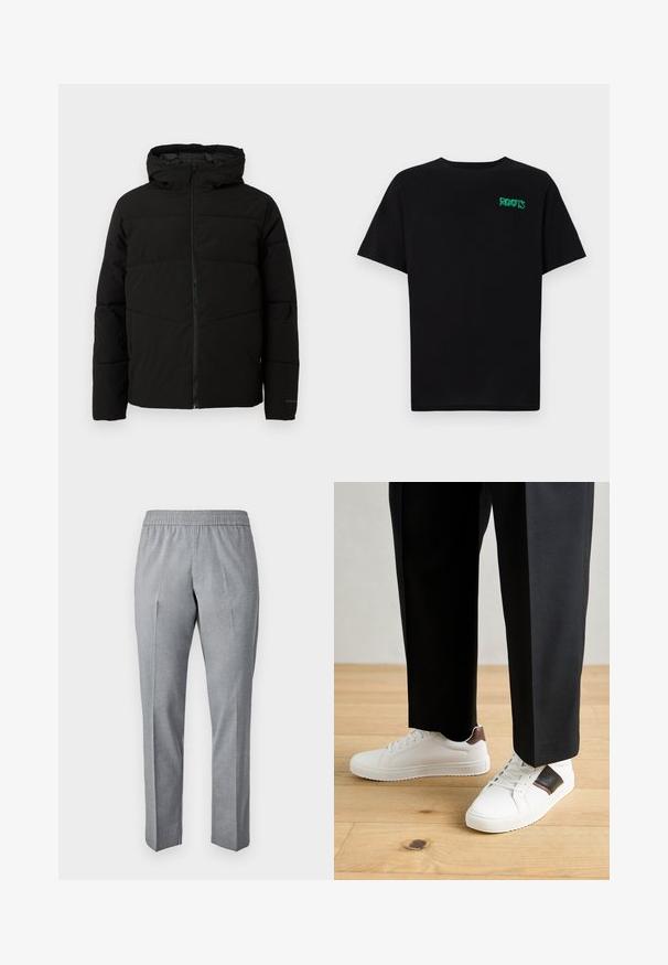 Sort polstret jakke med hætte, der har en fuld frontlynlås, vandret syninger og elastiske manchetter for en tæt pasform.; Sort t-shirt lavet af bomuld med korte ærmer. Har et grønt "ROOTS" logo på forsiden, rund halsudskæring og almindelig pasform.; Grå, vævede bukser med elastisk talje, lige pasform og fold ned foran. Stofteksturen virker glat og let.; Hvide sneakers med glat tekstur, prydet med brune læderdetaljer og sorte detaljer, sammen med sorte skræddersyede bukser. Baggrund med trægulv.
