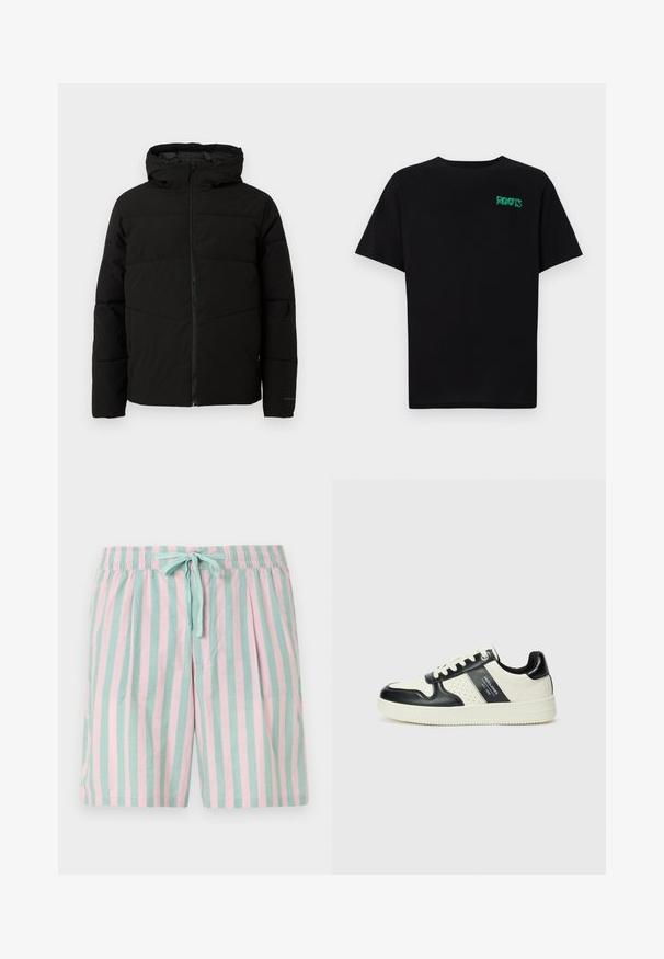 Svart polstret jakke med hette, med full front glidelås, horisontale sømmer og elastiske mansjetter for en tettsittende passform.; svart t-skjorte laget av bomull med korte ermer. Har et grønt "ROOTS"-logo på forsiden, rund halsutringning og standard passform.; Lette stripete shorts med vekslende sjøgrønn og rosa vertikale striper, elastisk midjebånd og en frontknyting.; Lædersneakers med sort og creme farveskema, der har perforerede detaljer, en polstret krave og en struktureret ydersål.