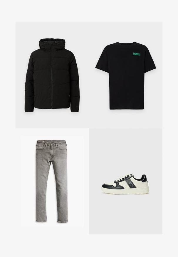 Črno podloženo jakno s kapuco, ki ima popoln sprednji zadrgo, vodoravne šive in elastične manšete za tesno prileganje.; Črna majica iz bombaža z kratkimi rokavi. Na sprednji strani ima zeleno logotip "ROOTS", okroglo ovratnico in standardno prileganje.; Sive jeans iz denima s ravnim krojem, zasnovo pet žepov in z gumbom na zadrgi. Imajo subtilno zbledelo barvo in klasične detajle šivanja.; Usnjeni športni čevlji z črno in krem barvno shemo, ki vključujejo perforirane dodatke, podložen ovratnik in strukturirano podplat.