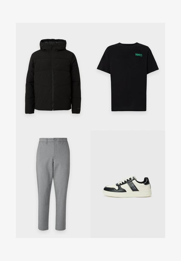 Veste matelassée noire avec capuche, dotée d'une fermeture zippée sur toute la longueur, de surpiqûres horizontales et de poignets élastiques pour un ajustement confortable.; T-shirt noir en coton à manches courtes. Présente un logo "ROOTS" vert sur le devant, un col rond et une coupe standard.; Pantalon tailleur gris avec une texture subtile, coupe droite et fermeture à boutons sur le devant. Comprend des passants de ceinture et des poches latérales.; Baskets en cuir avec un schéma de couleurs noir et crème, dotées d'accents perforés, d'un col rembourré et d'une semelle texturée.