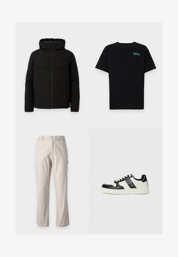 Zwarte gewatteerde jas met capuchon, voorzien van een volledige ritssluiting aan de voorkant, horizontale stiksels en elastische manchetten voor een snug fit.; Zwarte T-shirt van katoen met korte mouwen. Heeft een groen "ROOTS" logo op de voorkant, een ronde halslijn en een standaard pasvorm.; Beige cargobroek van stevig katoen met rechte pijpen, voorknopsluiting en zijzakken voor gebruiksgemak. Gladde textuur met subtiele stiksels.; Leren sneakers met een zwart en crèmekleurig kleurenschema, voorzien van geperforeerde accenten, een gevoerde kraag en een gestructureerde buitenzool.