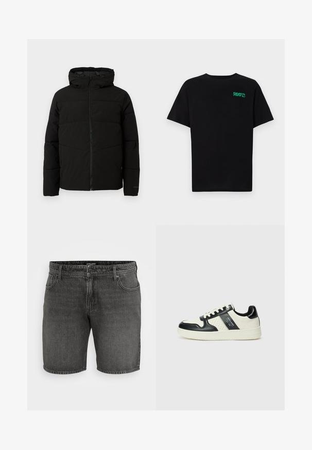 Chaqueta acolchada negra con capucha, que cuenta con un cierre frontal completo, costuras horizontales y puños elásticos para un ajuste ceñido.; Camiseta negra de algodón con mangas cortas. Presenta un logo verde "ROOTS" en el frente, escote redondo y corte estándar.; Pantalones cortos de mezclilla negros con un diseño clásico de cinco bolsillos, cierre de botón y detalles de costura. Hechos de un material de algodón duradero.; Zapatillas de cuero con un esquema de colores negro y crema, que cuentan con acentos perforados, un collar acolchado y una suela texturizada.