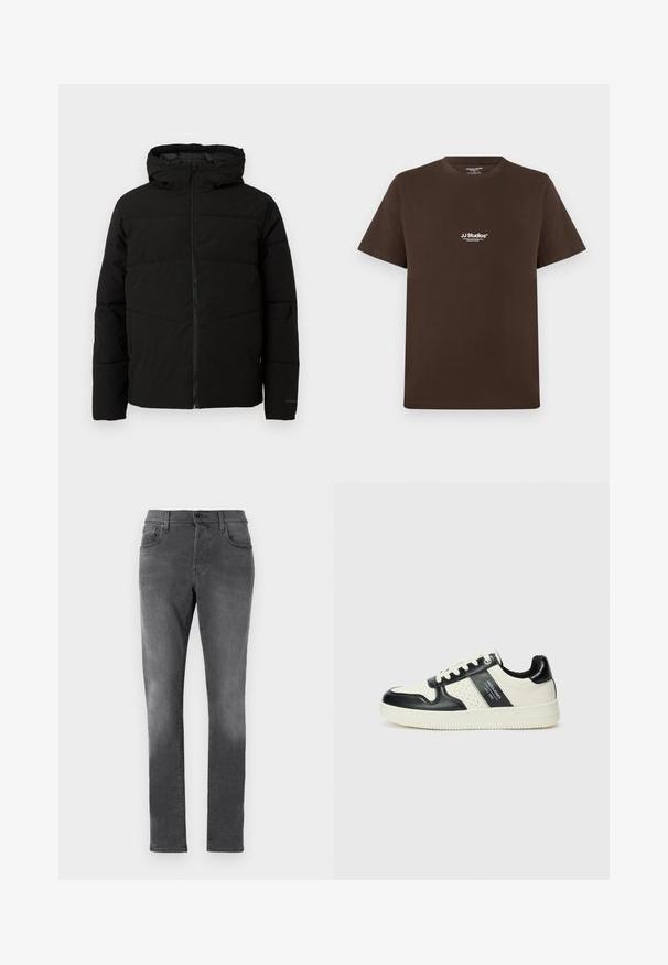 Casaco acolchoado preto com capuz, apresentando um fecho de correr frontal completo, costuras horizontais e punhos elásticos para um ajuste confortável.; T-shirt de algodão castanho com mangas curtas, gola redonda e um pequeno logótipo branco no peito. Textura suave e ajuste regular.; Jeans de ganga cinza com perna reta, cinco bolsos e fecho de botão. O tecido apresenta uma textura desbotada e detalhes de lavagem sutis.; Ténis de couro com um esquema de cores em preto e creme, apresentando detalhes perfurados, um colarinho acolchoado e uma sola texturizada.