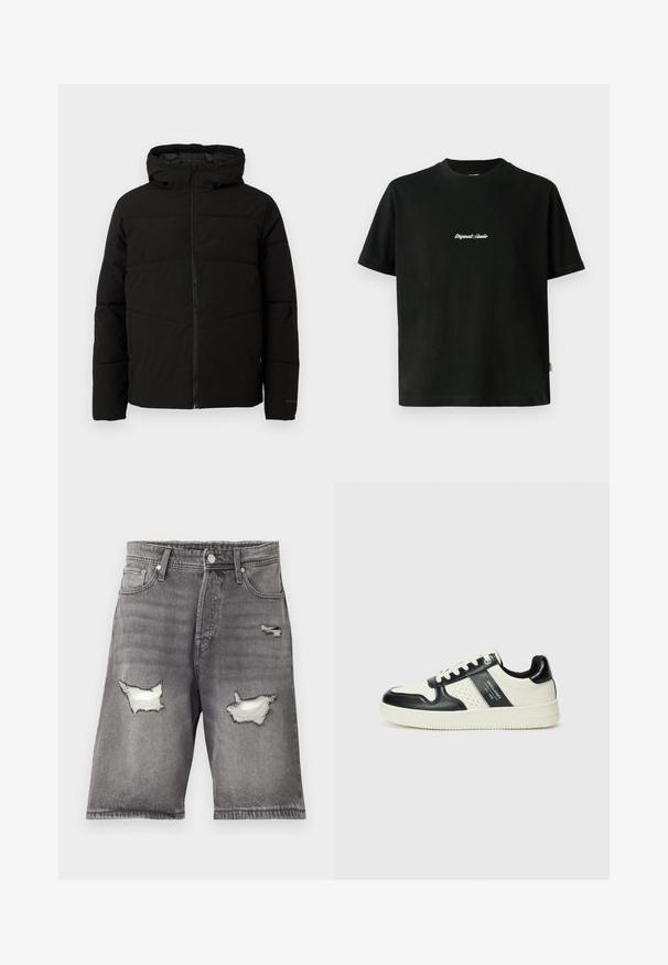 Fekete párnázott kabát kapucnival, teljes elülső cipzárral, vízszintes varrással és elasztikus mandzsettákkal a szoros illeszkedés érdekében.; Fekete pamut póló rövid ujjakkal, fehér hímzett "Original Studio" felirattal a mellen és kerek nyakú kivágással.; Szürke farmer rövidnadrág, elhalványított felülettel, két viseltes folttal és öt zsebből álló kialakítással. Fém gombbal és cipzárral záródik.; Fekete és krém színű bőrsneaker, perforált díszítésekkel, párnázott bokapánttal és texturált talppal.