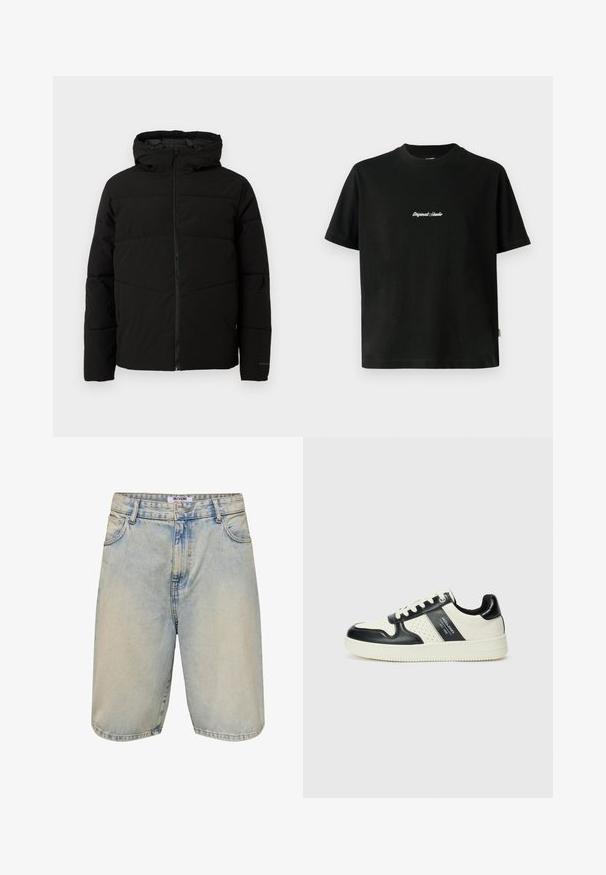 Veste matelassée noire avec capuche, dotée d'une fermeture zippée sur toute la longueur, de surpiqûres horizontales et de poignets élastiques pour un ajustement confortable.; T-shirt en coton noir à manches courtes, avec un texte brodé blanc "Original Studio" sur la poitrine et un col rond.; Shorts en denim bleu clair avec un délavage, fermeture à bouton, cinq poches et accents cousus le long de l'ourlet et des bords des poches.; Baskets en cuir avec un schéma de couleurs noir et crème, dotées d'accents perforés, d'un col rembourré et d'une semelle texturée.
