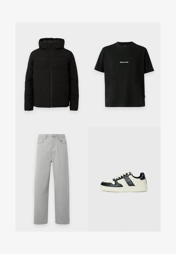 Chaqueta acolchada negra con capucha, que cuenta con un cierre frontal completo, costuras horizontales y puños elásticos para un ajuste ceñido.; Camiseta de algodón negra de manga corta, con un texto bordado en blanco "Original Studio" en el pecho y un cuello redondeado.; Jeans rectos de color gris claro con cinco bolsillos, cremallera y cierre de botón, presentados sobre un fondo blanco.; Zapatillas de cuero con un esquema de colores negro y crema, que cuentan con acentos perforados, un collar acolchado y una suela texturizada.