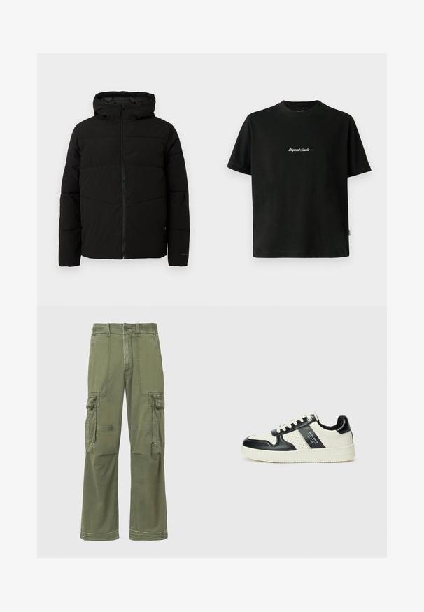 Črno podloženo jakno s kapuco, ki ima popoln sprednji zadrgo, vodoravne šive in elastične manšete za tesno prileganje.; Črna bombažna majica s kratkimi rokavi, ki ima belo vezeno besedilo "Original Studio" na prsih in okrogel izrez.; Olivno zeleni cargo hlače s sproščenim krojem, ki vključujejo več stranskih žepov, šivano podrobnost in gumbasto zapiranje v pasu.; Usnjeni športni čevlji z črno in krem barvno shemo, ki vključujejo perforirane dodatke, podložen ovratnik in strukturirano podplat.