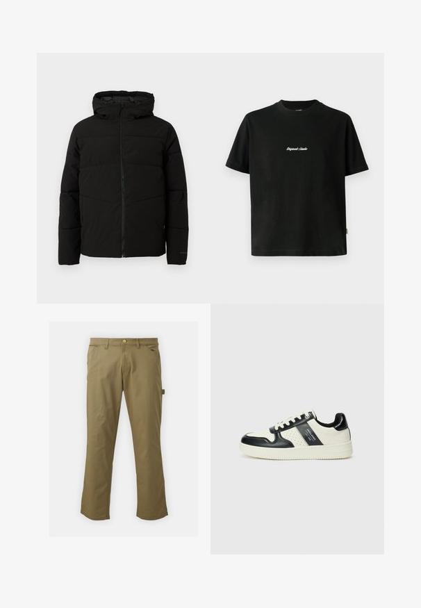Black padded jacket with a hood, featuring a full front zipper, horizontal stitching, and elastic cuffs for a snug fit.; Black cotton T-shirt with short sleeves, featuring a white embroidered "Original Studio" text across the chest and a rounded neckline.; Khaki pants made of smooth fabric, featuring a button closure, belt loops, two front pockets, and a side pocket, with straight leg design.; Leather sneakers with a black and cream color scheme, featuring perforated accents, a padded collar, and a textured outsole.