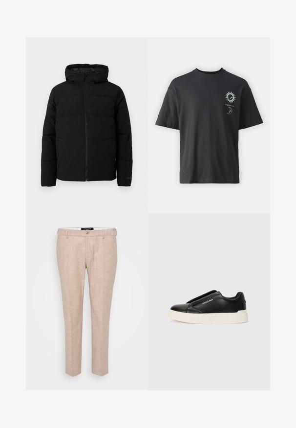Svart polstret jakke med hette, med full front glidelås, horisontale sømmer og elastiske mansjetter for en tettsittende passform.; Svart bomullst-skjorte med korte ermer, rund hals og frontgrafikk av en sol og måne, ledsaget av teksten "Le Soleil et La Lune."; Lyse beige bukser laget av en blanding av lin, med flat front, belteholdere og en enkelt knappelukking. Skreddersydd rett ben-design.; Sorte slip-on joggesko med teksturert læroverdel, hvit gummisåle og ingen synlige snører. Har merkevarelogo på siden.