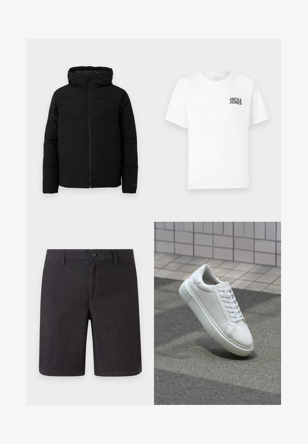 Schwarze gepolsterte Jacke mit Kapuze, ausgestattet mit einem durchgehenden Reißverschluss, horizontalen Nähten und elastischen Bündchen für eine enge Passform.; Weißes Baumwoll-T-Shirt mit kurzen Ärmeln und Rundhalsausschnitt. Enthält ein schwarzes Textlogo "JACK & JONES" auf der linken Brustseite. Einfaches, schlichtes Design.; Dunkelgraue Shorts aus gewebtem Material, mit einem Knopfverschluss, Gürtelschlaufen und geradem Bein, sauberen Säumen und Seitentaschen.; Weiße Leder-Sneaker mit glatter Oberfläche, runder Zehenpartie und flachen weißen Schnürsenkeln. Verfügt über eine strukturierte Gummisohle und minimalistische Designelemente.