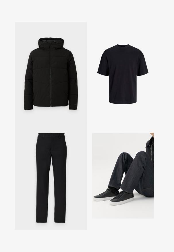 Chaqueta acolchada negra con capucha, que cuenta con un cierre frontal completo, costuras horizontales y puños elásticos para un ajuste ceñido.; Camiseta de algodón negra con cuello redondo, mangas cortas y un ajuste relajado. Textura suave y sin patrones ni acentos visibles.; Pantalones negros de tela suave, con un diseño de pierna recta, cierre de botón y trabillas para el cinturón. Sin patrones ni acentos visibles.; Zapatillas negras de cuero con suelas de goma blanca, con cordones redondos y un diseño minimalista, combinadas con jeans de mezclilla oscura.
