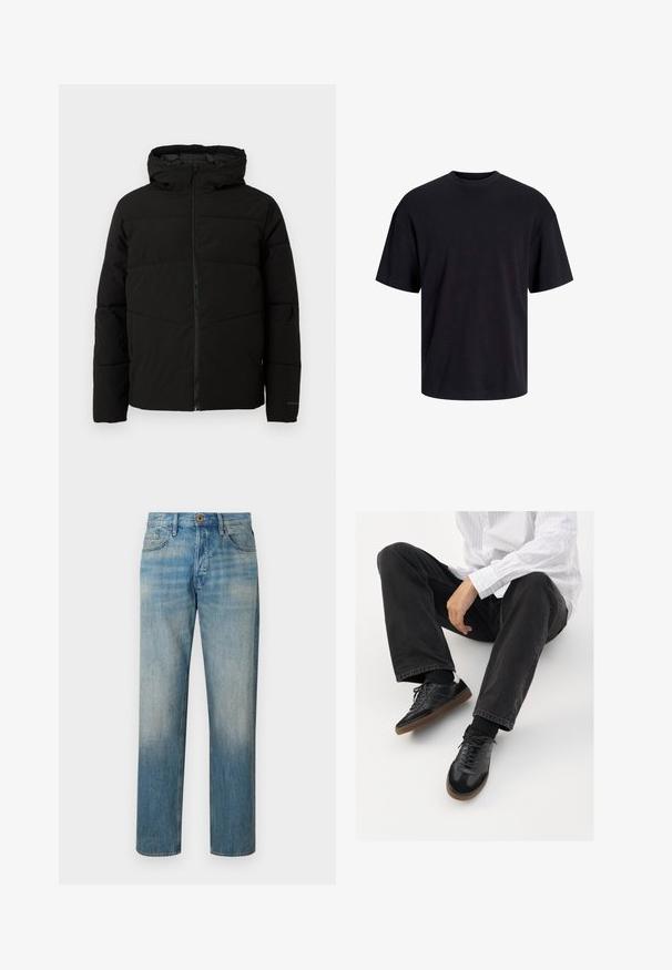 Chaqueta acolchada negra con capucha, que cuenta con un cierre frontal completo, costuras horizontales y puños elásticos para un ajuste ceñido.; Camiseta de algodón negra con cuello redondo, mangas cortas y un ajuste relajado. Textura suave y sin patrones ni acentos visibles.; Jeans de mezclilla azul claro con corte recto, que cuentan con un cierre de botón, bolsillos frontales y un desgaste sutil en los muslos.; Zapatillas negras con una parte superior suave y texturizada, que cuentan con una suela de goma y cordones oscuros. Combinadas con jeans negros y una camisa blanca a rayas.