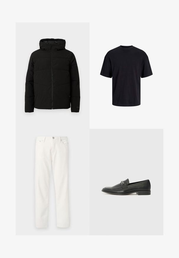 Svart polstret jakke med hette, med full front glidelås, horisontale sømmer og elastiske mansjetter for en tettsittende passform.; Svart bomull t-skjorte med rund hals, korte ermer og en avslappet passform. Glatt tekstur uten synlige mønstre eller detaljer.; Hvite denimjeans med rett passform, fem lommer, glidelås- og knappestengning, samt subtil tekstur. Har belteholdere og kontraststing.; Sorte skinnloafers med en glatt finish, og med en sydd design og en dekorativ metallkjedeakcent over foten. Flat hæl.