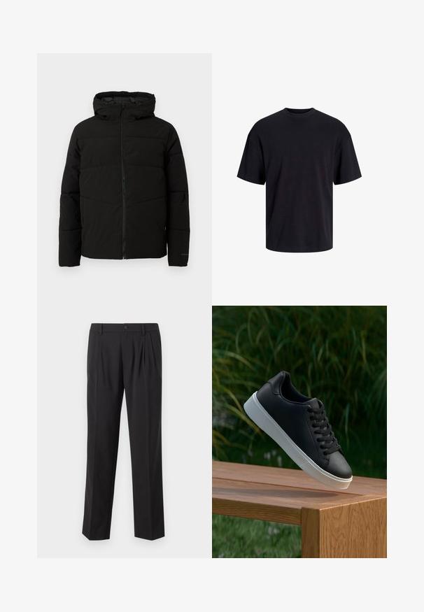 Jachetă neagră căptușită cu glugă, având un fermoar complet pe față, cusături orizontale și manșete elastice pentru o fixare strânsă.; Tricou din bumbac negru, cu guler rotund, mâneci scurte și o croială lejeră. Textură netedă și fără modele sau accente vizibile.; Pantaloni negri, croiți pe corp, dintr-un material fin, cu pliu în față, închidere cu nasture și design cu picior drept.; Adidași din piele neagră cu o textură netedă, talpă din cauciuc alb și șase orificii pentru șireturi, expuși pe o suprafață din lemn.
