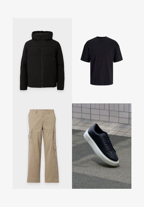 Crna jakna s podlogom i kapuljačom, s punim prednjim patentnim zatvaračem, horizontalnim šavovima i elastičnim manžetama za udoban fit.; Crna pamučna majica s okruglim izrezom, kratkim rukavima i opuštenim krojem. Glatka tekstura bez vidljivih uzoraka ili dekoracija.; Bež cargo hlače od pamuka, s više bočnih džepova, ravnog kroja i kopčom na dugme. Glatka tekstura s detaljima šivanja.; Crne kožne tenisice s zaobljenim vrhom i bijelim gumiranim potplatom. Imaju ravne vezice i minimalno šivanje na gornjem dijelu. Teksturirani potplat za bolje prianjanje.