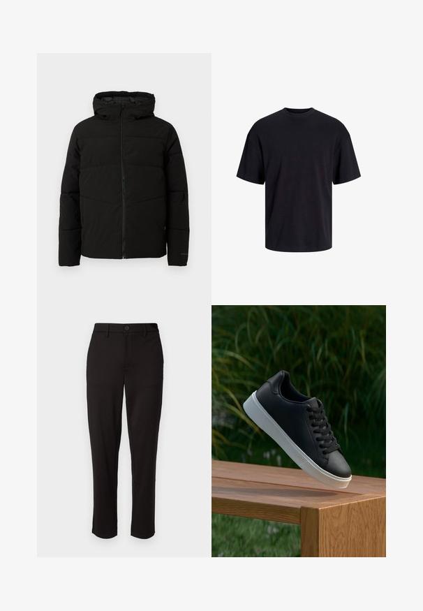 Juodas pūkuotas džemperis su kapišonu, turintis viso ilgio užtrauktuką, horizontaliu siuvinėjimu ir elastingomis rankogaliais, užtikrinančiais patogų prigludimą.; Juodas medvilninis marškinėlis su apvaliu iškirpimu, trumpomis rankovėmis ir laisvu siluetu. Glotni tekstūra, be matomų raštų ar akcentų.; Juodi kelnių šviesaus audinio, tiesaus kirpimo, su priekyje esančia mygtuko uždarymo sistema, diržo kilpomis ir šoninėmis kišenėmis.; Juodas odinis sportbačių modelis su lygiu paviršiumi, baltu guminio pado ir šešiomis skylutėmis raišteliams, eksponuojamas ant medinės paviršiaus.