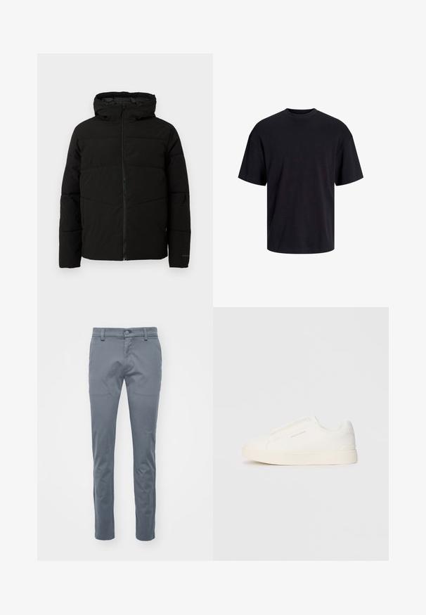 Chaqueta acolchada negra con capucha, que cuenta con un cierre frontal completo, costuras horizontales y puños elásticos para un ajuste ceñido.; Camiseta de algodón negra con cuello redondo, mangas cortas y un ajuste relajado. Textura suave y sin patrones ni acentos visibles.; Pantalones grises ajustados hechos de tejido entrelazado, con un frente plano, cintura estándar con trabillas para cinturón y piernas rectas de corte slim.; Zapatillas blancas tipo slip-on con una superficie texturizada, suela gruesa y diseño minimalista. Presenta el logo de la marca en un lado.