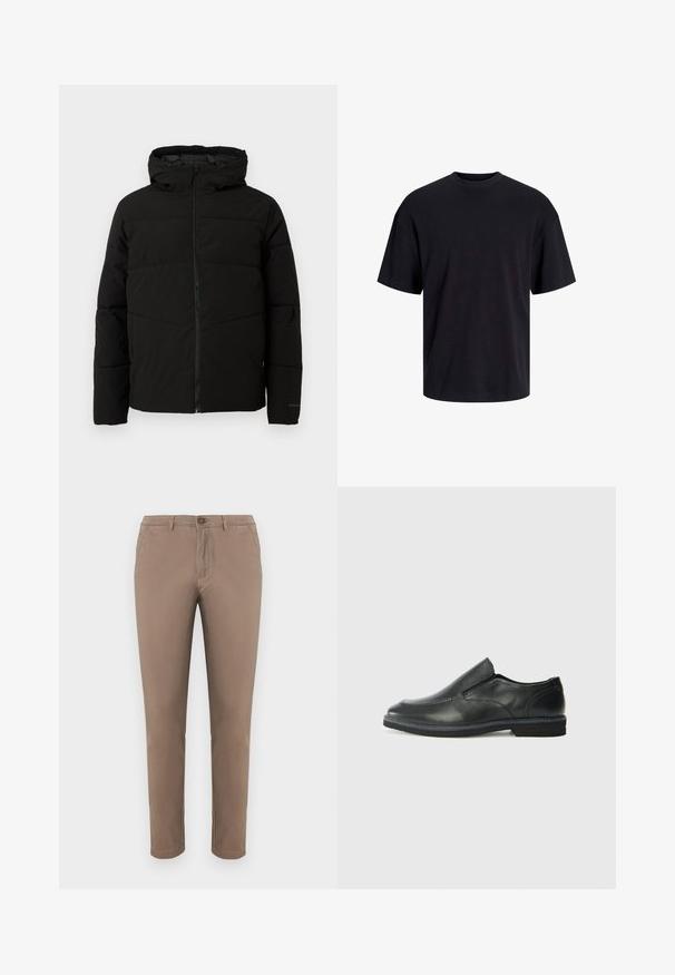 Fekete párnázott kabát kapucnival, teljes elülső cipzárral, vízszintes varrással és elasztikus mandzsettákkal a szoros illeszkedés érdekében.; Fekete pamut póló, kerek nyakkivágással, rövid ujjú és laza fazonú. Simább anyagú, látható minták vagy díszítések nélkül.; Barna chinos nadrág egyenes szárú szabással, gombos záródással, elülső és hátsó zsebekkel, sima pamut anyagból, és letisztult szegéssel. Kényelmes hétköznapi viselethez.; Fekete bőr, slip-on cipő sima felsőrésszel, varrott díszítéssel, lekerekített orral és alacsony gumitalppal. A talpa minimális bordázattal rendelkezik.