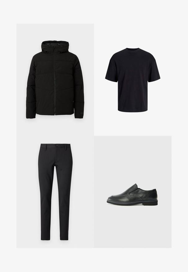 Chaqueta acolchada negra con capucha, que cuenta con un cierre frontal completo, costuras horizontales y puños elásticos para un ajuste ceñido.; Camiseta de algodón negra con cuello redondo, mangas cortas y un ajuste relajado. Textura suave y sin patrones ni acentos visibles.; Pantalones de pinstriping negros con frente plano, corte Slim, que cuentan con cierre de botón y trabillas para cinturón, fabricados en un material textil suave.; Zapato negro de cuero sin cordones con un upper suave, detalles de costura, punta redonda y un bajo tacón de goma. La suela presenta una tracción mínima.