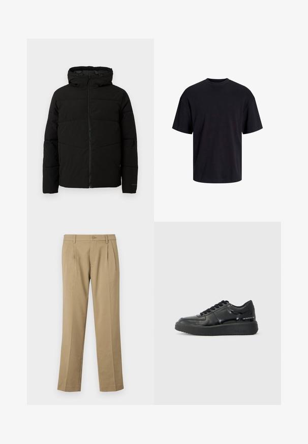 Fekete párnázott kabát kapucnival, teljes elülső cipzárral, vízszintes varrással és elasztikus mandzsettákkal a szoros illeszkedés érdekében.; Fekete pamut póló, kerek nyakkivágással, rövid ujjú és laza fazonú. Simább anyagú, látható minták vagy díszítések nélkül.; Sima szövetből készült barna nadrág, két elülső redővel, gombos záródással és egyenes lábszárral, ami tiszta szegéllyel rendelkezik.; Fekete bőr sportcipők sima felülettel, kerek orral és kontrasztos fekete gumi talppal. Lapos fűzővel és oldalsó logóval rendelkezik.