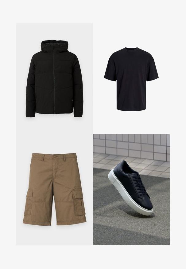 Veste matelassée noire avec capuche, dotée d'une fermeture zippée sur toute la longueur, de surpiqûres horizontales et de poignets élastiques pour un ajustement confortable.; T-shirt en coton noir avec un col ras du cou, des manches courtes et une coupe décontractée. Texture lisse sans motifs ni accents visibles.; Shorts en coton marron, style cargo, avec de multiples poches latérales, un système de fermeture à bouton et des détails cousus. Design classique à longueur de genou.; Baskets noires en cuir avec bout arrondi et semelle en caoutchouc blanc. Elles présentent des lacets plats et une couture minimale sur la tige. Semelle texturée pour une bonne adhérence.