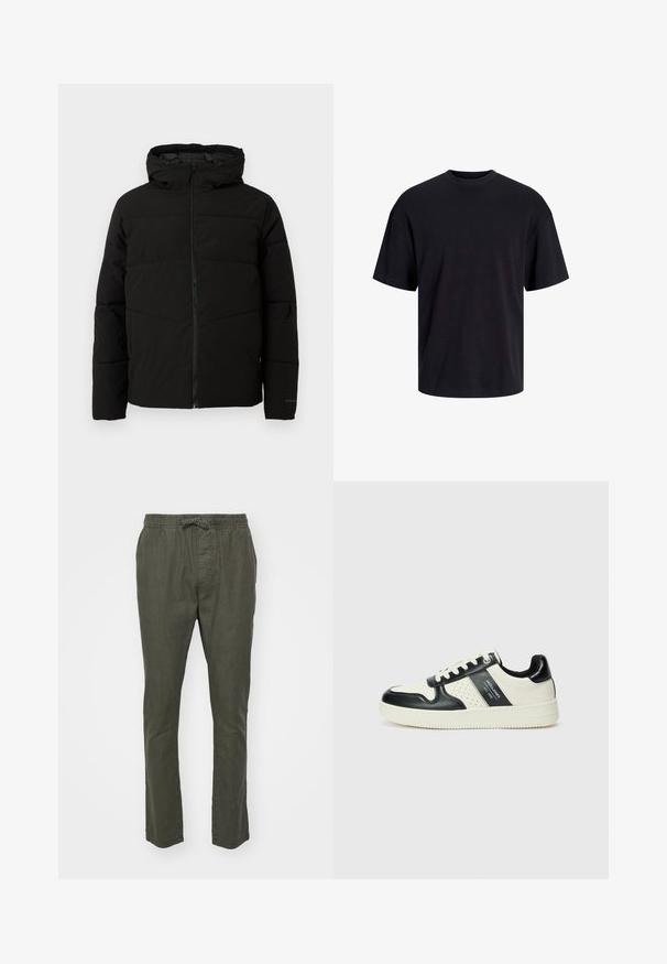 Czarna, pikowana kurtka z kapturem, z pełnym zapięciem na zamek z przodu, poziomym przeszyciem i elastycznymi mankietami dla lepszego dopasowania.; Czarna bawełniana koszulka z okrągłym dekoltem, krótkimi rękawami i luźnym krojem. Gładka tekstura, bez widocznych wzorów czy akcentów.; Oliwkowe, lekkie, tkane spodnie z elastycznym pasem i sznurkiem. Proste nogawki, z bocznymi kieszeniami i gładką fakturą.; Skórzane sneakersy w czarno-kremowym schemacie kolorystycznym, z perforowanymi akcentami, wyściełanym kołnierzem i teksturowaną podeszwą.