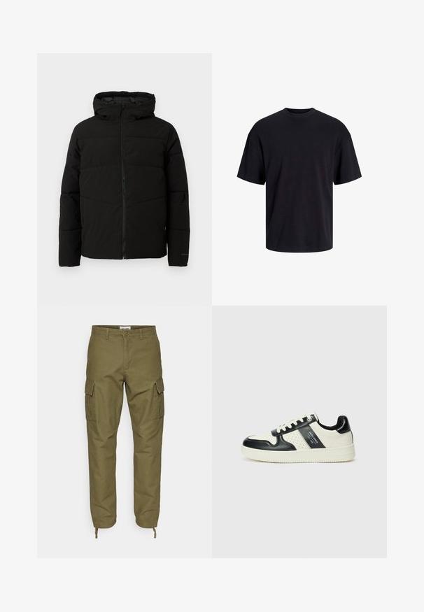 Svart polstret jakke med hette, med full front glidelås, horisontale sømmer og elastiske mansjetter for en tettsittende passform.; Svart bomull t-skjorte med rund hals, korte ermer og en avslappet passform. Glatt tekstur uten synlige mønstre eller detaljer.; Olivengrønne cargo bukser lavet af bomuld med to sidelommer, snøre ved anklerne og en knaplukning i taljen.; Lædersneakers med sort og creme farveskema, der har perforerede detaljer, en polstret krave og en struktureret ydersål.