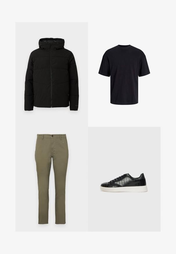 Chaqueta acolchada negra con capucha, que cuenta con un cierre frontal completo, costuras horizontales y puños elásticos para un ajuste ceñido.; Camiseta de algodón negra con cuello redondo, mangas cortas y un ajuste relajado. Textura suave y sin patrones ni acentos visibles.; Chinos ajustados de color verde oliva, fabricados en algodón con una textura suave. Cierre de botón y cuatro bolsillos. Diseño simple y minimalista.; Zapatillas negras con parte superior de cuero con textura de cocodrilo en relieve, puntera redondeada y una suela de goma blanca contrastante con un acabado suave.