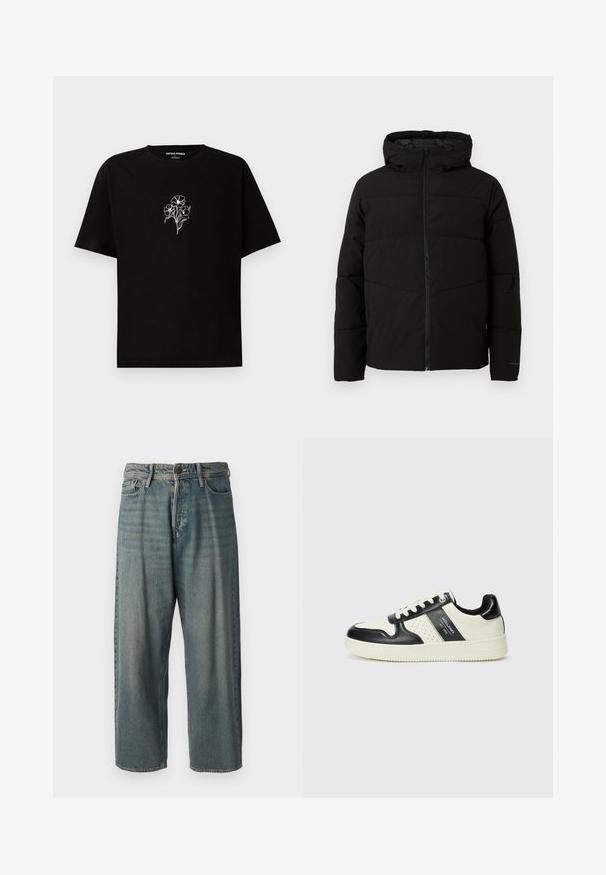 Svart polstret jakke med hette, med full front glidelås, horisontale sømmer og elastiske mansjetter for en tettsittende passform.; Svart bomull T-skjorte med rund hals og korte ermer. Har hvit blomsterbroderi på brystet. Myk tekstur, avslappet passform.; Lyseblå denimjeans med løs passform, midjehøyde og rette ben. Har fem lommer, beltehemper og knappelukking.; Lædersneakers med sort og creme farveskema, der har perforerede detaljer, en polstret krave og en struktureret ydersål.