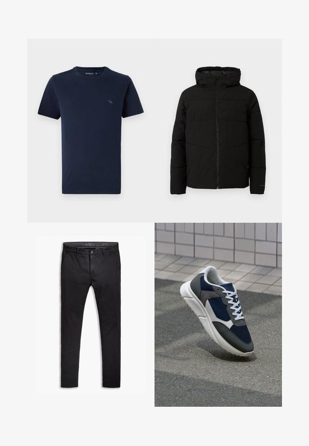 Black padded jacket with a hood, featuring a full front zipper, horizontal stitching, and elastic cuffs for a snug fit.; Navy blue cotton t-shirt with short sleeves, crew neck, featuring a small embroidered deer logo on the left chest. Smooth texture.; Black cotton chinos with a tapered fit, featuring five pockets, belt loops, and a smooth texture. Zip fly with a button closure.; Sneaker featuring a navy blue mesh upper, gray suede accents, white rubber sole, and flat white laces, designed for comfort and breathability.