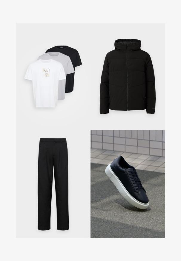 Svart polstret jakke med hette, med full front glidelås, horisontale sømmer og elastiske mansjetter for en tettsittende passform.; Tre kortermede t-skjorter i hvit, lys grå og svart. Den hvite skjorten har et minimalistisk grafisk design. Myk bomullsstoff.; Sorte bukser laget av glatt stoff, med rette ben, to frontfoldninger og standard liv med beltehemper.; Sorte skinnsneakers med rund tå og hvit gummisåle. Har flate lisser og minimal søm på overdelen. Strukturert såle for grep.