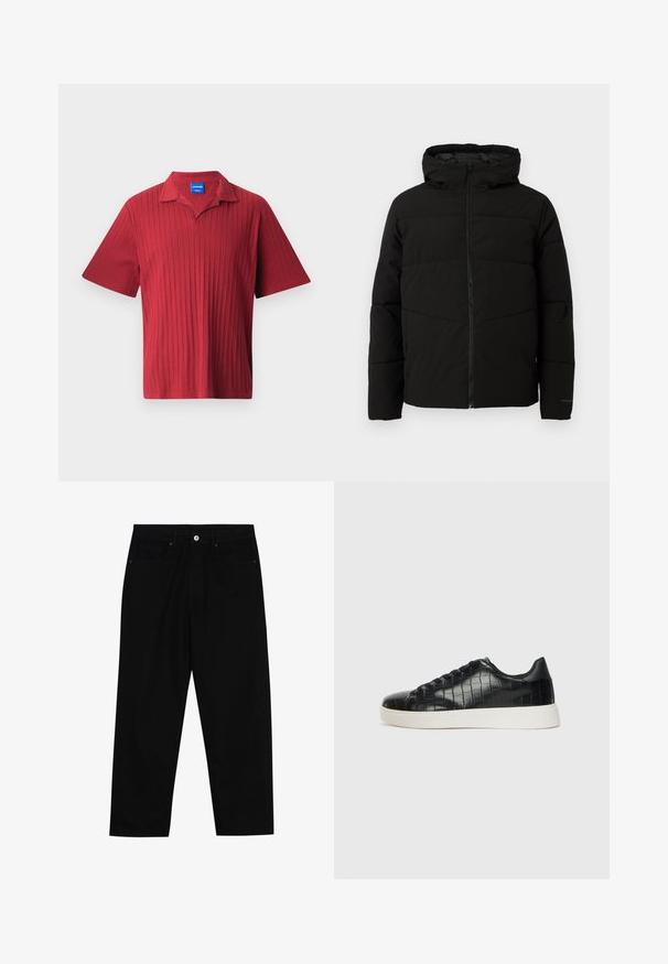 Svart polstret jakke med hette, med full front glidelås, horisontale sømmer og elastiske mansjetter for en tettsittende passform.; Rød kortermet polo skjorte med vertikal ribbet tekstur, en oppklippet krage og et etikettmerke på innsiden av halsen.; Sorte denimbukser med rett benklipp, fem-lomme design og frontknappåpning. Jevn tekstur med minimale sømdetaljer.; Svarte joggesko med en teksturert krokodille-embossed læroverdel, rund tå og en kontrasterende hvit gummisåle med en glatt overflate.