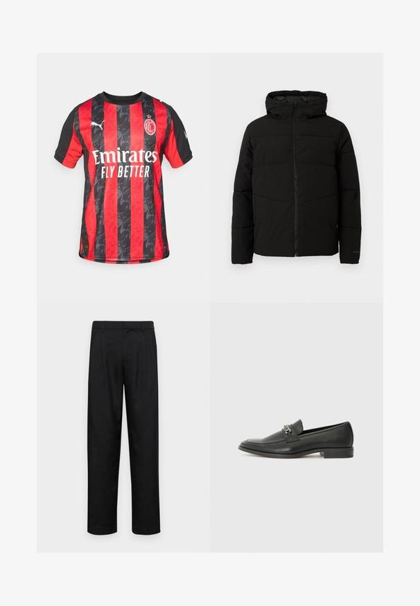Veste matelassée noire avec capuche, dotée d'une fermeture zippée sur toute la longueur, de surpiqûres horizontales et de poignets élastiques pour un ajustement confortable.; Maillot AC Milan avec des rayures verticales rouges et noires, présentant un motif texturé, col rond et logo Puma sur la manche droite.; Pantalons noirs en tissu lisse, avec une coupe droite, deux plis avant et une taille standard avec passants de ceinture.; Mocassin en cuir noir avec une finition lisse, présentant un design cousu et une accent décoratif en chaîne métallique sur le rand. Talon plat.