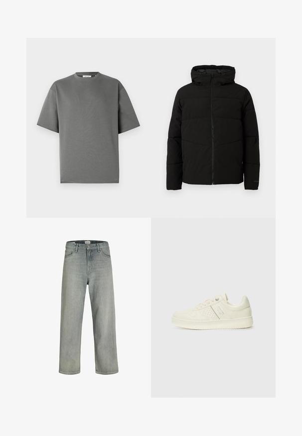 Sort polstret jakke med hætte, der har en fuld frontlynlås, vandret syninger og elastiske manchetter for en tæt pasform.; Kortærmet grå t-shirt lavet af blødt bomuld, med en rund halsudskæring og en afslappet pasform med minimale stikninger.; Lysegrå, løstsiddende jeans lavet af denim. Har et klassisk fem-lomme design, bæltestropper og en lige ben silhuet.; Cremefarvet sneaker med perforeret detaljering, snørebånd og logo på siden, præsenteret mod en simpel hvid baggrund.