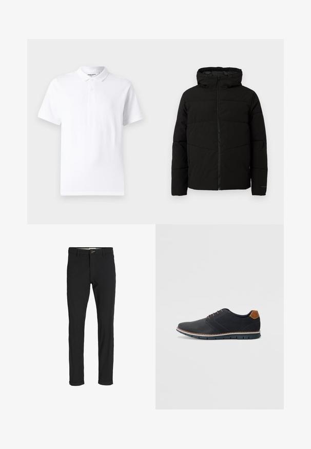 Fekete párnázott kabát kapucnival, teljes elülső cipzárral, vízszintes varrással és elasztikus mandzsettákkal a szoros illeszkedés érdekében.; Fehér póló, klasszikus gallérral, két gombos állítással, rövid ujjakkal, és egy kis logóval a mellkasán. Simaságot sugalló anyagból készült.; Fekete pamut keverék nadrág, slim fit szabással, gombos záródással, zsebekkel és felgöngyölt szárakkal a laza végeredményért.; Fekete szintetikus cipők, textúrált felsőrésszel, sima díszítésekkel, barna sarkával és kontrasztos talppal. Minimális fűzéssel és varrási részletekkel rendelkezik.