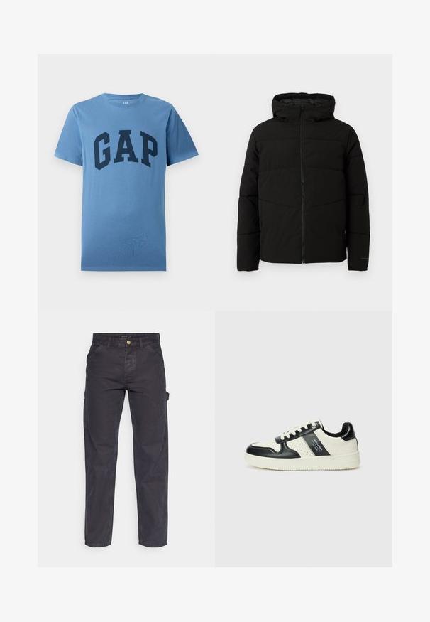 Jachetă neagră căptușită cu glugă, având un fermoar complet pe față, cusături orizontale și manșete elastice pentru o fixare strânsă.; Tricou scurt cu mânecă, de culoare albastră, cu guler rotund, având inscripționat cu litere mari de culoare albastră închis "GAP" pe piept.; Pantaloni cargo gri închis, confecționați dintr-un material durabil, cu croială dreaptă, cinci buzunare și închidere cu nasture la talie.; Tenisi din piele cu un scheme de culori negru și crem, dotati cu accente perforate, guler căptușit și o talpă texturată.