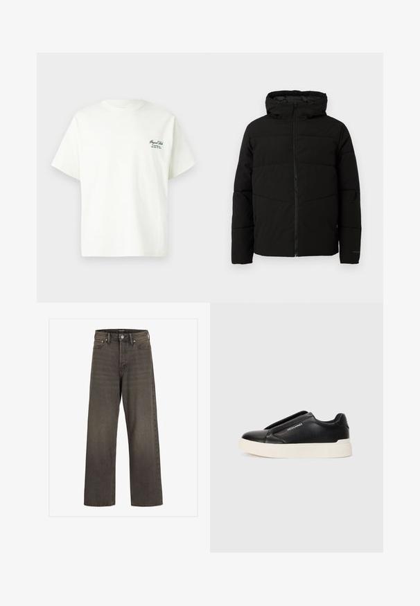 Casaco acolchoado preto com capuz, apresentando um fecho de correr frontal completo, costuras horizontais e punhos elásticos para um ajuste confortável.; T-shirt de algodão branco com mangas curtas, decote redondo e detalhes em texto verde no lado esquerdo com informações da marca e localização.; Jeans de perna larga em denim cinza escuro, com cintura alta, design clássico de cinco bolsos e costura em contraste ao longo das costuras.; Sapatilha escorregadia preta com parte superior em couro texturizado, sola de borracha branca e sem atacadores visíveis. Apresenta o logótipo da marca na lateral.