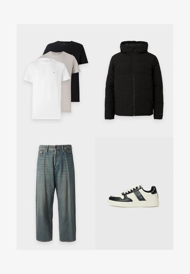 Black padded jacket with a hood, featuring a full front zipper, horizontal stitching, and elastic cuffs for a snug fit.; Three crew neck t-shirts in white, beige, and black, featuring a soft cotton material with a small logo on the chest for each color.; Light blue denim jeans with a loose fit, mid-rise waist, and straight legs. Features five pockets, belt loops, and a button closure.; Leather sneakers with a black and cream color scheme, featuring perforated accents, a padded collar, and a textured outsole.