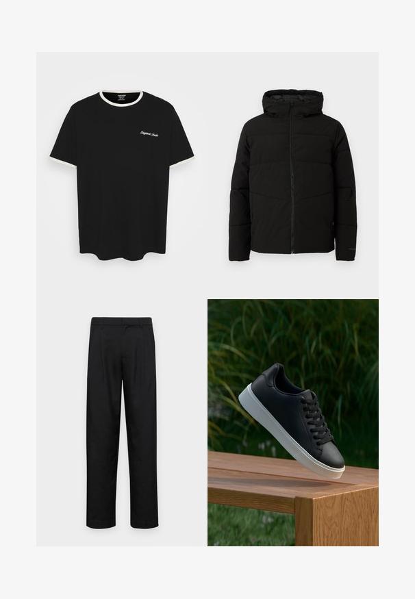 Černá vycpaná bunda s kapucí, má plný přední zip, horizontální švy a elastické manžety pro pohodlné nošení.; Černé bavlněné tričko s krémovým žebrovaným výstřihem a manžetami. Tričko obsahuje bílé vyšívané texty na hrudi.; Černé kalhoty vyrobené z hladké látky, s rovnou nohavicí, dvěma předními sklady a standardním pasem se poutky na opasek.; Černé kožené sneakersy s hladkým povrchem, bílé gumové podešve a šesti otvory pro šňůrky, vystavené na dřevěném povrchu.