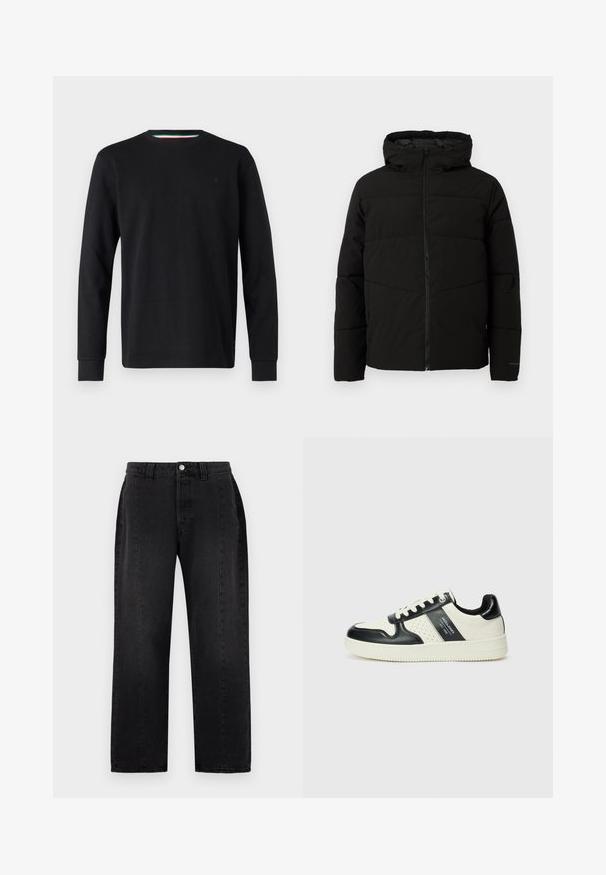 Fekete párnázott kabát kapucnival, teljes elülső cipzárral, vízszintes varrással és elasztikus mandzsettákkal a szoros illeszkedés érdekében.; Replay Hosszú ujjú felső - black; Fekete farmernadrág egyenes szárú kialakítással. Gombos záródás, övhurkok és két oldalsó zseb jellemzi. Sima textúra, látható minták nélkül.; Fekete és krém színű bőrsneaker, perforált díszítésekkel, párnázott bokapánttal és texturált talppal.
