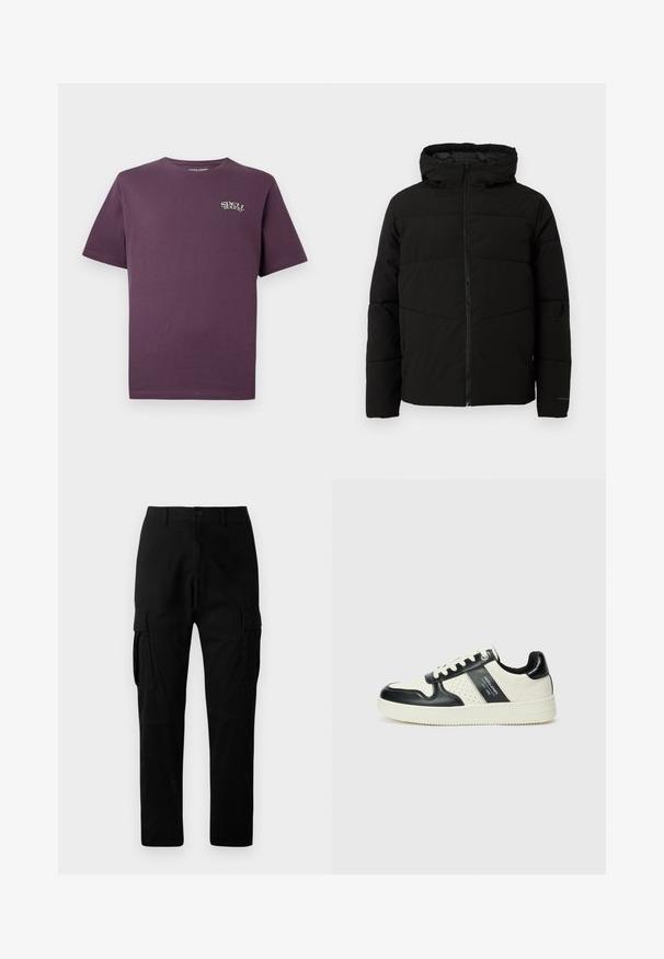 Svart polstret jakke med hette, med full front glidelås, horisontale sømmer og elastiske mansjetter for en tettsittende passform.; Mørk lilla bomull t-skjorte med korte ermer, rund hals og en liten 'Spell Bound'-logo i hvitt på venstre bryst.; Svart cargo-bukser med flere sidelommer, rett ben-design og knappelukking, laget av slitesterkt bomullsmateriale.; Lædersneakers med sort og creme farveskema, der har perforerede detaljer, en polstret krave og en struktureret ydersål.