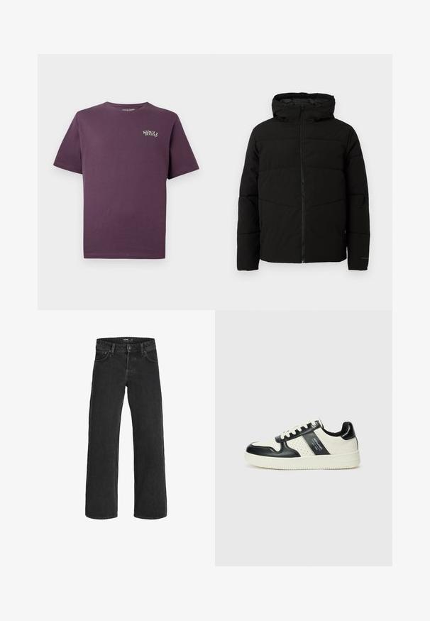 Sort polstret jakke med hætte, der har en fuld frontlynlås, vandret syninger og elastiske manchetter for en tæt pasform.; Mørk lilla bomulds T-shirt med korte ærmer, rund halsudskæring og et lille 'Spell Bound' logo i hvidt på venstre bryst.; Sorte brede ben jeans lavet af denim; har et klassisk fem-lomme-design, solid syning og en knaplukning i taljen.; Lædersneakers i sort og creme farveskema, med perforerede detaljer, en polstret krave og en struktureret ydersål.