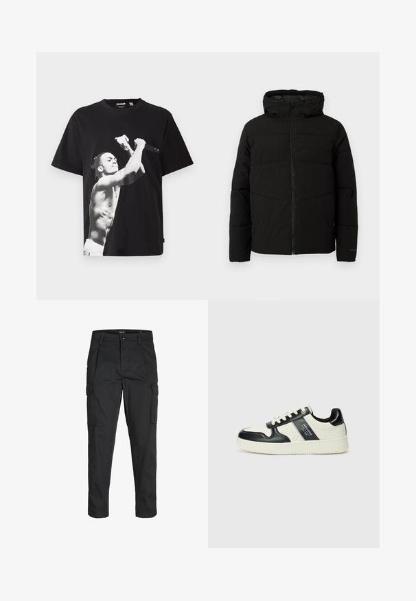 Black padded jacket with a hood, featuring a full front zipper, horizontal stitching, and elastic cuffs for a snug fit.; Black oversized t-shirt featuring a large black and white graphic of a shirtless figure holding a microphone. Made of cotton fabric.; Black cargo pants made of sturdy fabric, featuring multiple pockets, a button closure, and a slim fit design with tapered legs.; Leather sneakers with a black and cream color scheme, featuring perforated accents, a padded collar, and a textured outsole.