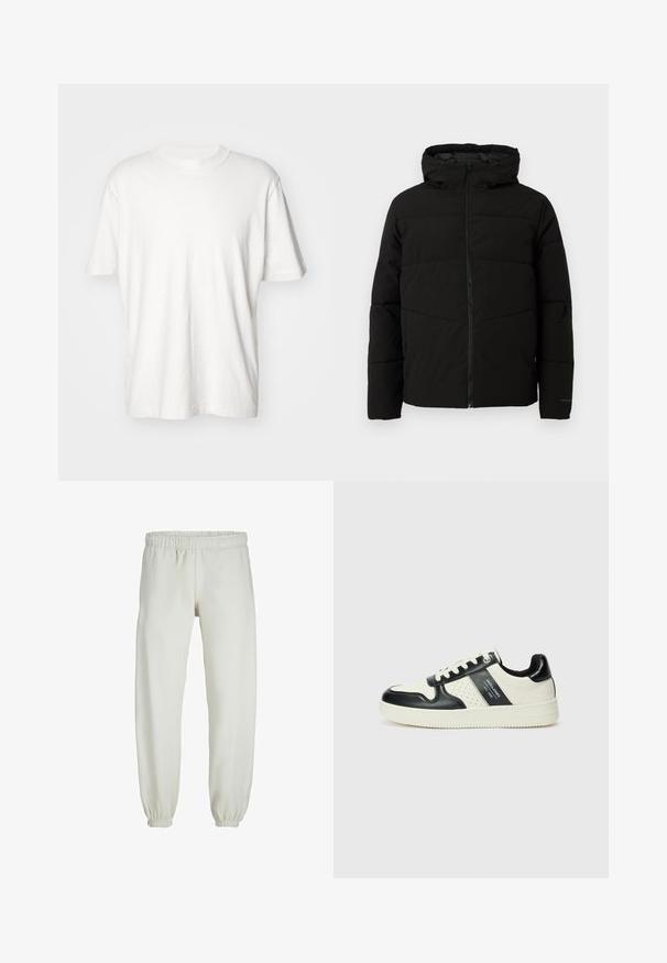 Melnā polsterētā jaka ar kapuci, ar pilnīgu priekšējo rāvējslēdzēju, horizontālām šuvēm un elastīgām piedurknēm ciešai piegulšanai.; Abercrombie & Fitch VINTAGE CREAM - Pamata T-krekls - white sand; Baltas treniņbikses, izgatavotas no mīkstas auduma, ar elastīgu jostu un piedurknēm, gluda tekstūra un brīva piegriezuma dizains.; Ādas sporta apavi ar melnbaltu krāsu shēmu, ar perforētiem akcentiem, mīkstinātu apkakli un teksturētu zoli.