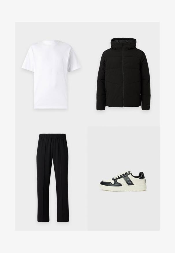 Veste matelassée noire avec capuche, dotée d'une fermeture zippée sur toute la longueur, de surpiqûres horizontales et de poignets élastiques pour un ajustement confortable.; T-shirt blanc à manches courtes en coton avec un col rond, présentant une texture lisse et un design simple, sans motifs ni accents.; Pantalons noirs à taille élastique avec une coupe droite, présentant une texture lisse et sans motifs ni éléments visibles.; Baskets en cuir avec un schéma de couleurs noir et crème, dotées d'accents perforés, d'un col rembourré et d'une semelle texturée.