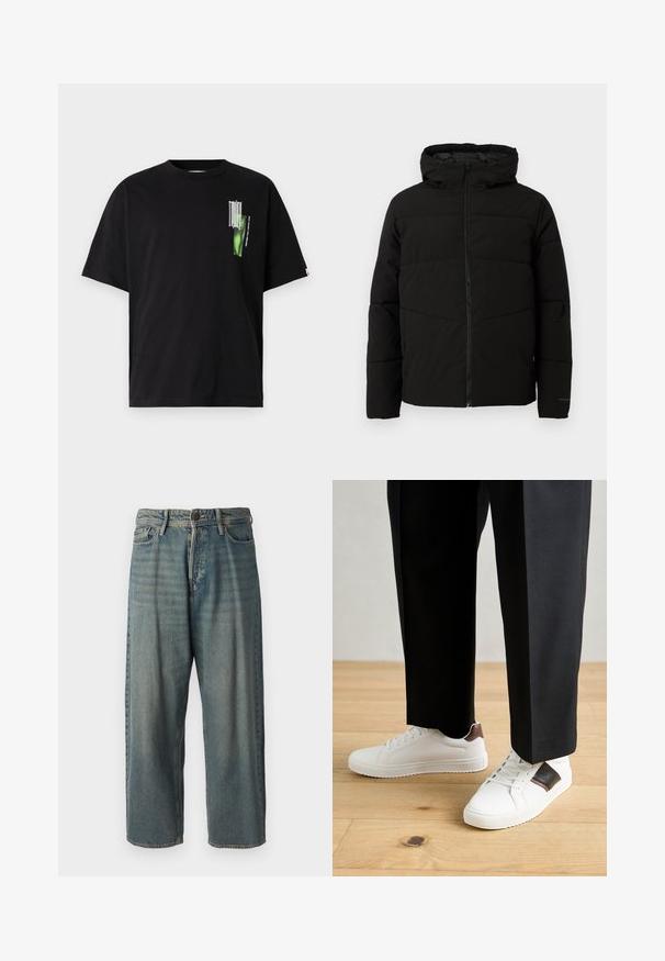 Casaco acolchoado preto com capuz, apresentando um fecho de correr frontal completo, costuras horizontais e punhos elásticos para um ajuste confortável.; T-shirt de algodão preto com decote redondo. Apresenta um design gráfico verde com texto na área do lado esquerdo do peito. Mangas curtas e ajuste relaxado.; Jeans de ganga azul claro com um corte solto, cintura média e pernas retas. Apresenta cinco bolsos, passadores de cinto e fecho com botão.; Ténis brancos com textura suave, apresentando elementos em pele castanha e detalhes em preto, combinados com calças pretas ajustadas. Fundo de chão de madeira.