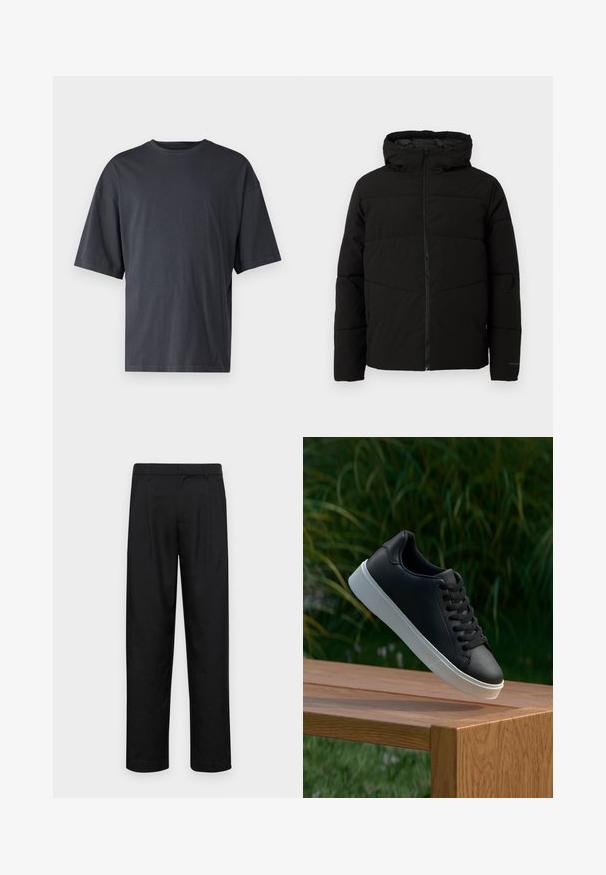 Chaqueta acolchada negra con capucha, que cuenta con un cierre frontal completo, costuras horizontales y puños elásticos para un ajuste ceñido.; Camiseta de manga corta en gris oscuro, hecha de algodón ligero, con un corte holgado y un cuello redondo clásico, con textura lisa y sin patrones.; Pantalones negros de tela suave, con un diseño de pierna recta, dos pliegues frontales y una cintura estándar con trabillas para el cinturón.; Zapatilla negra de cuero con una textura suave, suela de goma blanca y seis ojetes para cordones, exhibida sobre una superficie de madera.