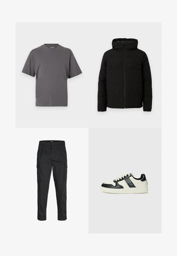 Mustat vuorattuja takki, jossa on huppu, täysi etuvetoketju, vaakasuorat saumat ja joustavat hihansuut tiiviiseen istuvuuteen.; Harmaa lyhythihainen T-paita, joka on valmistettu pehmeästä puuvillasekoitteesta. Paita on varustettu pyöreällä kaula-aukolla ja siinä on yksinkertainen muotoilu ilman kuvioita tai yksityiskohtia.; Mustat cargo-housut, jotka on valmistettu kestävästä kankaasta. Housuissa on useita taskuja, nappisulku ja kapea istuvuus, jossa on kapenevat lahkeet.; Nahkakengät musta-kerma värimaailmassa, joissa on rei'itetyt yksityiskohdat, pehmustettu nilkkaosa ja teksturoitu pohja.